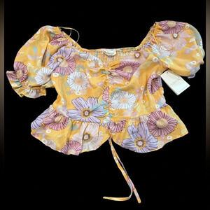 NWT Meraki Floral crop blouse XL Cottagecore puff sleeve